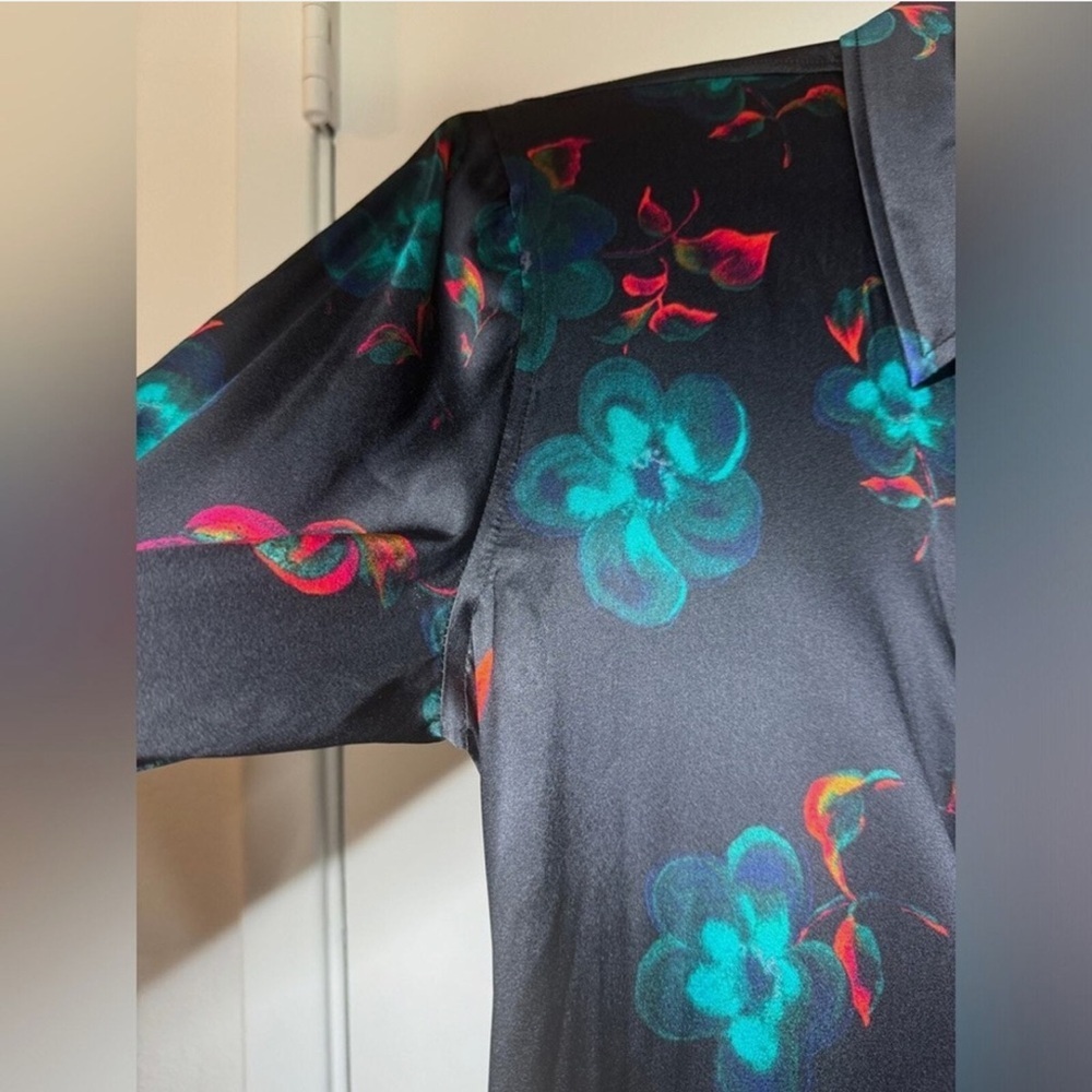 GANNI Black Silk Blend Red Blue Floral Long Puff Sleeves Wrap Mini Dress Size 42 - Picture 6 of 16